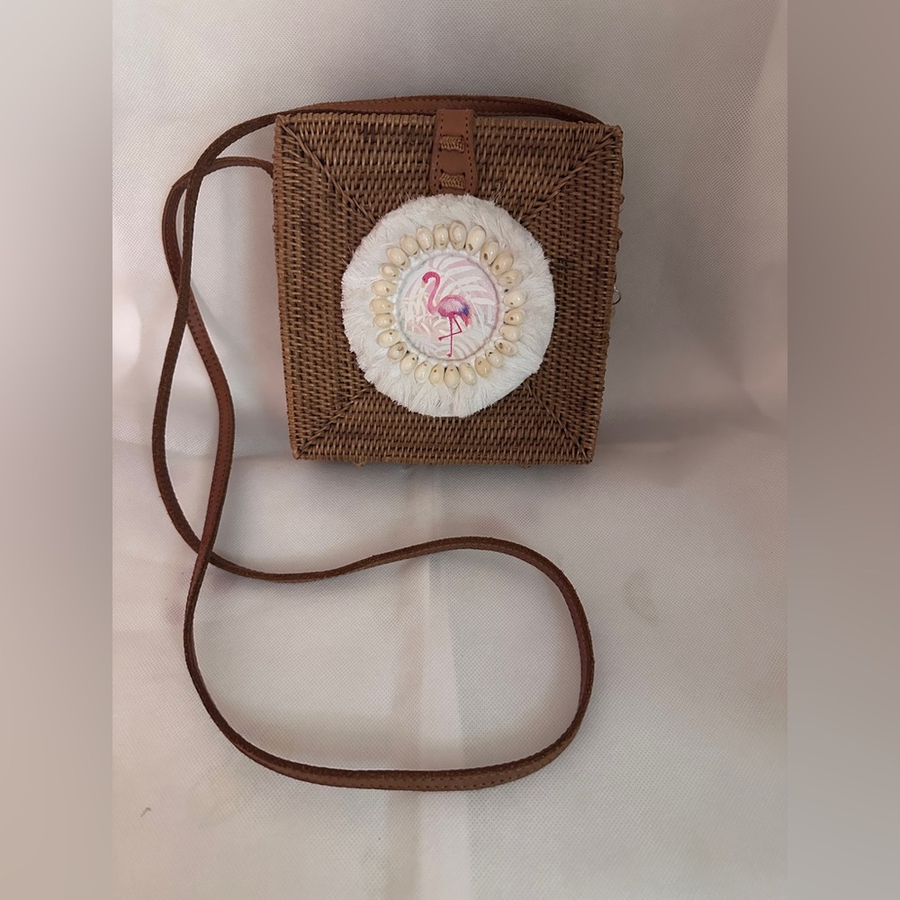 Lisi Lerch Straw Purse Long Strap Flamingo Surrounded By Shells On One Side